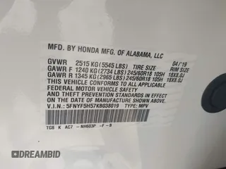 2019 Honda Pilot EX-L with VIN 5FNYF5H57KB038019, listed as a IAAI auction lot 41994410 with 126,738 mi miles and . Bid and sale history available at carsss.com. Image 9.