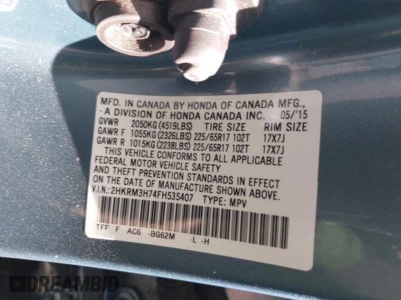 2015 Honda CR-V EX-L with VIN 2HKRM3H74FH535407, listed as a IAAI auction lot 41687353 with 154,881 mi miles and . Bid and sale history available at carsss.com. Image 9.