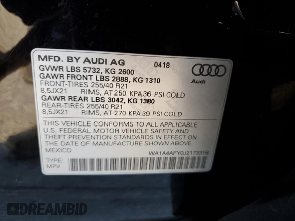 2018 Audi SQ5 Premium Plus with VIN WA1A4AFY0J2173318, listed as a Copart auction lot 73366652 with 41,434 mi miles. Bid and sale history available at carsss.com. Image 13.