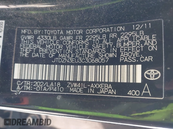 2012 Toyota Prius Two with VIN JTDZN3EU3C3068057, listed as a IAAI auction lot 41455720 with 317,543 mi miles and . Bid and sale history available at DreamBid. Image 9.