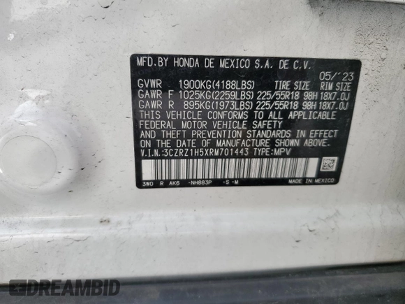 2024 Honda HR-V Sport with VIN 3CZRZ1H5XRM701443, listed as a Copart auction lot 86831614 with 17,491 mi miles and Salvage Title. Bid and sale history available at carsss.com. Image 15.