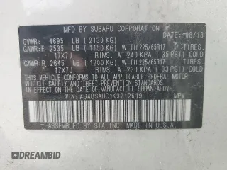2019 Subaru Outback Premium with VIN 4S4BSAHC1K3212619, listed as a Copart auction lot 60417485 with 29,352 mi miles and Salvage title. Bid and sale history available at DreamBid. Image 13.