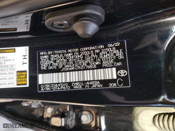 2022 Toyota Prius L Eco with VIN JTDKAMFU7N3178808, listed as a Copart auction lot 83240674 with 40,933 mi miles and Salvage Title. Bid and sale history available at carsss.com. Image 13.