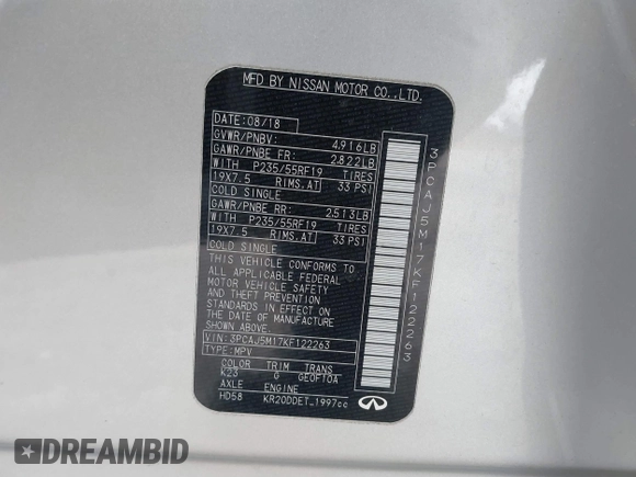 2019 Infiniti QX50 LUXE with VIN 3PCAJ5M17KF122263, listed as a IAAI auction lot 41277687 with 58,338 mi miles. Bid and sale history available at carsss.com. Image 9.