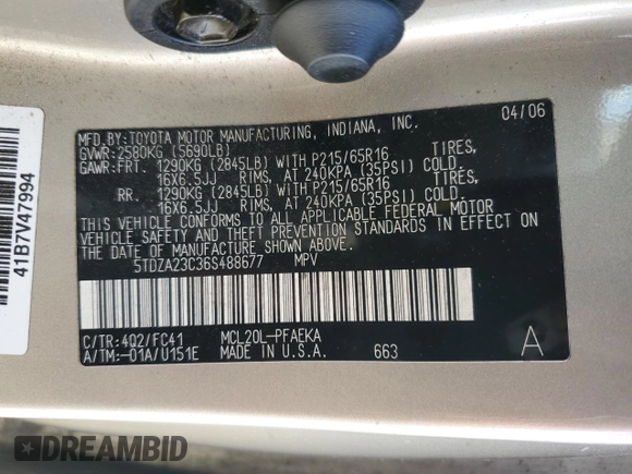 2006 Toyota Sienna CE with VIN 5TDZA23C36S488677, listed as a Copart auction lot 48892235 with 0 mi miles and Clean Title. Bid and sale history available at carsss.com. Image 13.