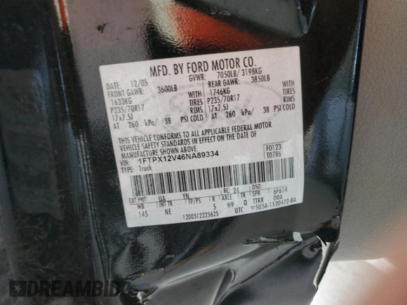 2006 Ford F-150 XL with VIN 1FTPX12V46NA89334, listed as a Copart auction lot 62202695 with Not provided miles and Salvage title. Bid and sale history available at DreamBid. Image 12.
