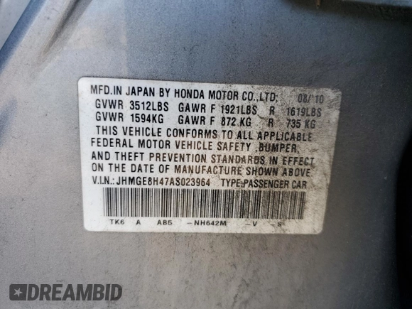 2010 Honda Fit Sport with VIN JHMGE8H47AS023964, listed as a Copart auction lot 61797995 with 78,518 mi miles and Salvage title. Bid and sale history available at DreamBid. Image 12.