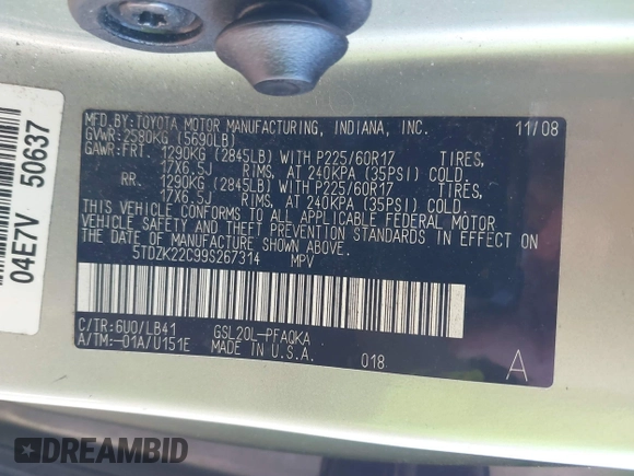 2009 Toyota Sienna XLE with VIN 5TDZK22C99S267314, listed as a IAAI auction lot 41434638 with 163,160 mi miles and . Bid and sale history available at DreamBid. Image 9.