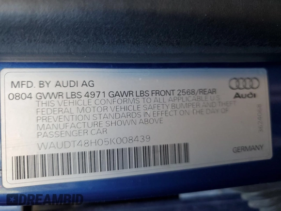 2005 Audi A4 3.0L with VIN WAUDT48H05K008439, listed as a Copart auction lot 45581385 with 180,932 mi miles and Salvage Title. Bid and sale history available at carsss.com. Image 12.