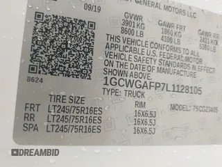 2020 Chevrolet Express Cargo with VIN 1GCWGAFP7L1128105, listed as a IAAI auction lot 42186923 with 183,036 mi miles and . Bid and sale history available at DreamBid. Image 9.