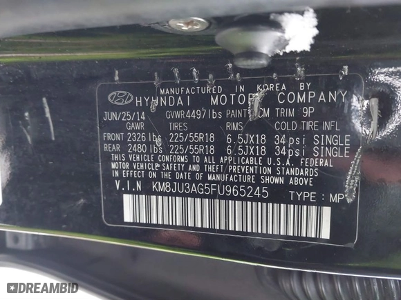 2015 Hyundai Tucson SE with VIN KM8JU3AG5FU965245, listed as a IAAI auction lot 41565341 with 197,787 mi miles. Bid and sale history available at carsss.com. Image 9.