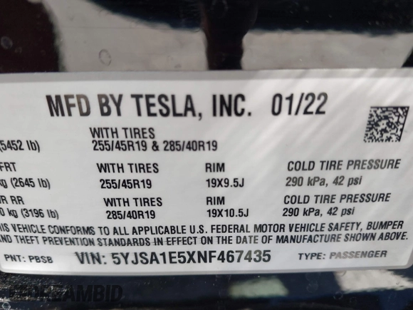 2022 Tesla Model S with VIN 5YJSA1E5XNF467435, listed as a IAAI auction lot 42538706 with 26,504 mi miles and . Bid and sale history available at DreamBid. Image 9.