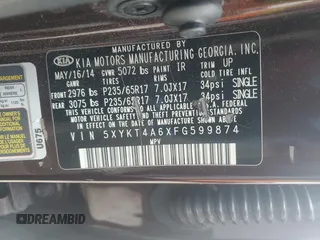 2015 Kia Sorento LX with VIN 5XYKT4A6XFG599874, listed as a Copart auction lot 43232005 with 179,995 mi miles and Salvage Title. Bid and sale history available at carsss.com. Image 13.