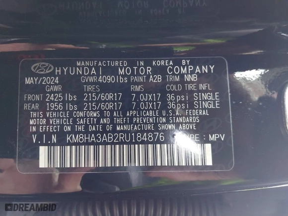 2024 Hyundai Kona SE with VIN KM8HA3AB2RU184876, listed as a IAAI auction lot 41858869 with 8,122 mi miles. Bid and sale history available at carsss.com. Image 9.