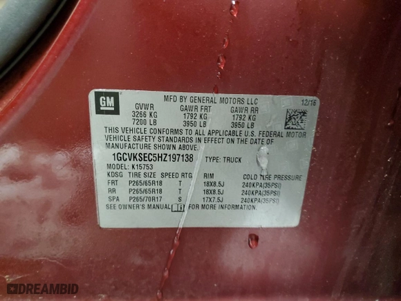 2017 Chevrolet Silverado 1500 LTZ with VIN 1GCVKSEC5HZ197138, listed as a Copart auction lot 45189745 with 0 mi miles and Salvage Title. Bid and sale history available at carsss.com. Image 14.
