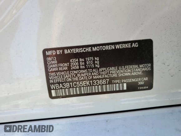 2014 BMW 3 Series 320i with VIN WBA3B1C55EK133687, listed as a Copart auction lot 63049945 with 95,604 mi miles and Salvage title. Bid and sale history available at DreamBid. Image 12.