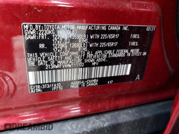 2021 Toyota RAV4 Hybrid XLE with VIN 2T3RWRFV4MW111102, listed as a Copart auction lot 64334365 with 37,662 mi miles and Salvage title. Bid and sale history available at DreamBid. Image 13.