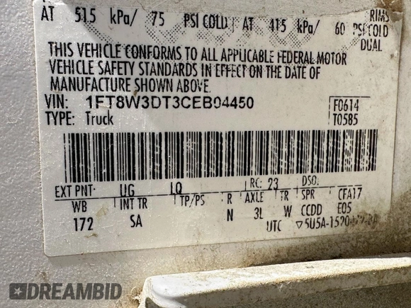2012 Ford F-350 XL with VIN 1FT8W3DT3CEB04450, listed as a Copart auction lot 52937355 with 294,878 mi miles and Clean Title. Bid and sale history available at DreamBid. Image 10.