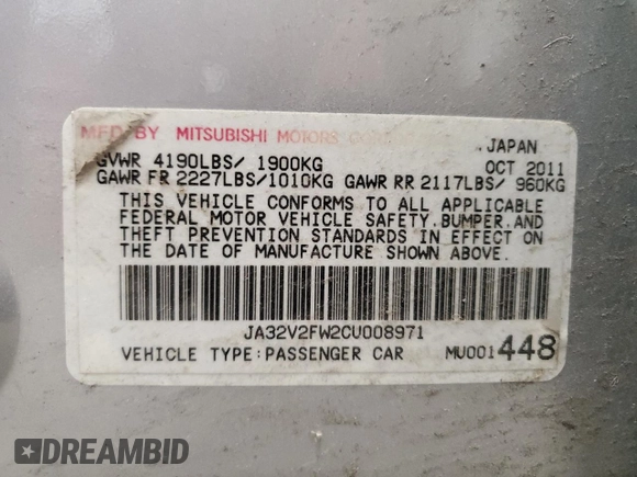 2012 Mitsubishi Lancer SE with VIN JA32V2FW2CU008971, listed as a Copart auction lot 61048685 with 124,815 mi miles and Non repairable. Bid and sale history available at DreamBid. Image 12.
