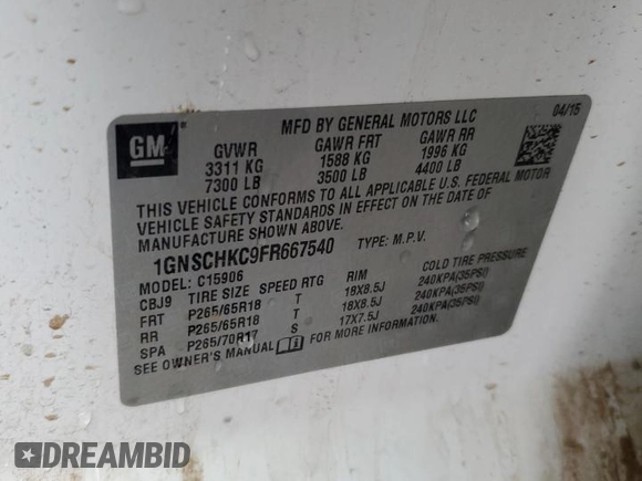 2015 Chevrolet Suburban LS with VIN 1GNSCHKC9FR667540, listed as a Copart auction lot 80908574 with 125,428 mi miles and Salvage title. Bid and sale history available at DreamBid. Image 12.