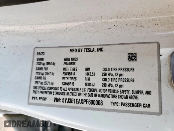 2023 Tesla Model 3 z VIN 5YJ3E1EAXPF600008, wystawiony jako Copart lot #61063675 z przebiegiem 58 733 mil mil oraz Szkoda całkowita • Salvage title. Historia ofert i sprzedaży dostępna na DreamBid. Obrazek 12.