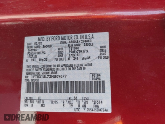 2002 Ford F-150 XL with VIN 1FTRX18L72NB09679, listed as a IAAI auction lot 42542526 with Not provided miles and . Bid and sale history available at DreamBid. Image 9.