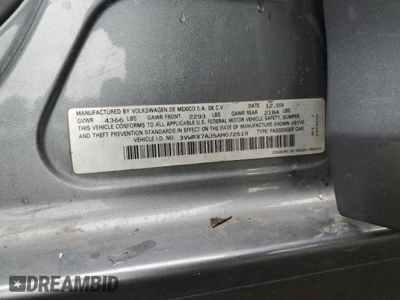2010 Volkswagen Jetta SEL с VIN 3VWRX7AJ5AM072519, выставлен на аукционе Copart как лот 61594745 с пробегом 260 422 миль миль и Списание • Salvage title. История ставок и продаж доступна на DreamBid. Изображение 12.
