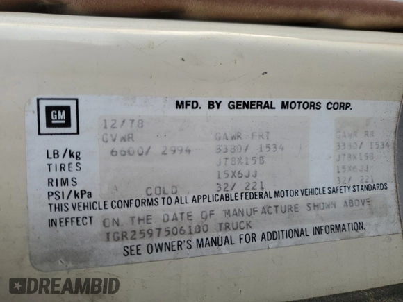 1979 GMC Vandura z VIN TGR2597506100, wystawiony jako Copart lot #51086615 z przebiegiem 25 002 mil mil oraz Tytuł czysty. Historia ofert i sprzedaży dostępna na DreamBid. Obrazek 13.