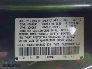2011 Honda Accord Cpe EX-L with VIN 1HGCS1B86BA001636, listed as a IAAI auction lot 41918566 with 98,350 mi miles. Bid and sale history available at carsss.com. Image 9.
