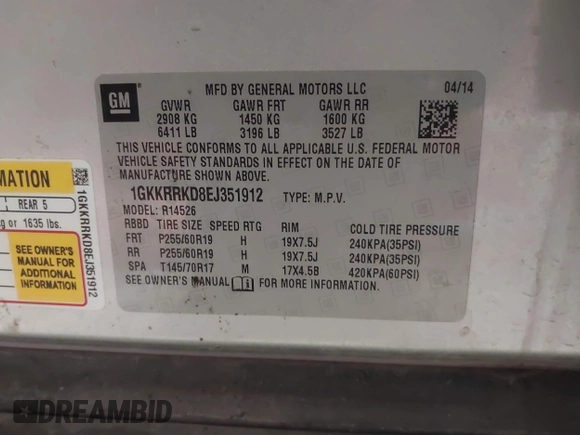 2014 GMC Acadia SLT with VIN 1GKKRRKD8EJ351912, listed as a IAAI auction lot 41265895 with 126,127 mi miles. Bid and sale history available at carsss.com. Image 9.