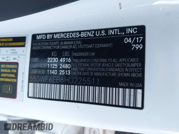 2017 Mercedes-Benz C 43 AMG with VIN 55SWF6EB6HU225511, listed as a IAAI auction lot 41827261 with 71,386 mi miles and . Bid and sale history available at DreamBid. Image 9.
