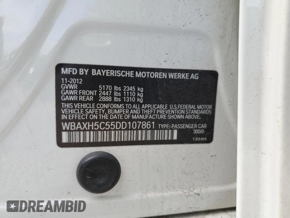 2013 BMW 5 Series 528i xDrive with VIN WBAXH5C55DD107861, listed as a Copart auction lot 55338525 with 91,137 mi miles and Non repairable. Bid and sale history available at DreamBid. Image 12.