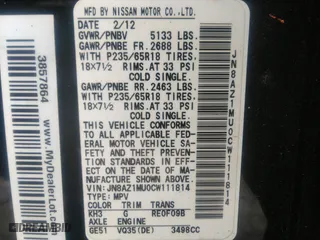 2012 Nissan Murano S with VIN JN8AZ1MU0CW111814, listed as a IAAI auction lot 41136966 with 205,809 mi miles. Bid and sale history available at carsss.com. Image 9.