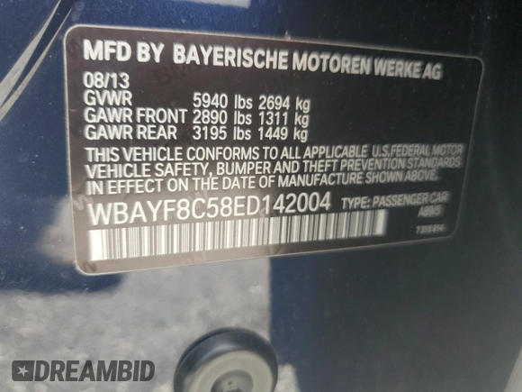 2014 BMW 7 Series ALPINA B7 xDrive with VIN WBAYF8C58ED142004, listed as a Copart auction lot 57994895 with 134,841 mi miles and Salvage title. Bid and sale history available at DreamBid. Image 12.