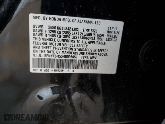 2017 Honda Pilot EX-L with VIN 5FNYF6H55HB096659, listed as a Copart auction lot 60426095 with 144,047 mi miles and Salvage title. Bid and sale history available at DreamBid. Image 14.