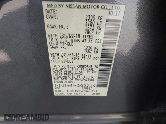 2017 Nissan Murano SL with VIN 5N1AZ2MH5HN202719, listed as a IAAI auction lot 42463161 with 83,692 mi miles and . Bid and sale history available at DreamBid. Image 9.