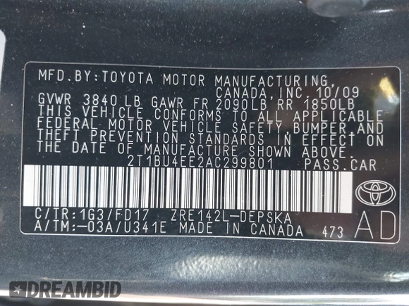 2010 Toyota Corolla with VIN 2T1BU4EE2AC299801, listed as a IAAI auction lot 42687832 with 165,787 mi miles and . Bid and sale history available at DreamBid. Image 9.