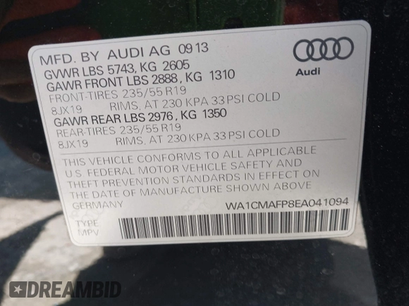 2014 Audi Q5 Premium Plus z VIN WA1CMAFP8EA041094, wystawiony jako IAAI lot #42316641 z przebiegiem 86 322 mil mil oraz . Historia ofert i sprzedaży dostępna na DreamBid. Obrazek 9.