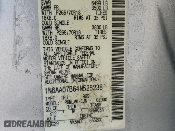 2004 Nissan Titan LE z VIN 1N6AA07B64N525238, wystawiony jako Copart lot #60370775 z przebiegiem Nie podano mil oraz Czysty tytuł • Clean title. Historia ofert i sprzedaży dostępna na DreamBid. Obrazek 12.