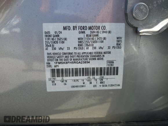2024 Ford Explorer Limited with VIN 1FMSK8FH5RGA23854, listed as a Copart auction lot 49354165 with Not Provided miles and Salvage Title. Bid and sale history available at carsss.com. Image 13.