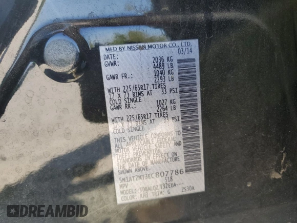 2014 Nissan Rogue SV with VIN 5N1AT2MT3EC807786, listed as a Copart auction lot 53533715 with 153,239 mi miles and Salvage Title. Bid and sale history available at DreamBid. Image 13.
