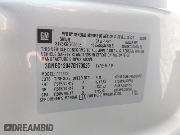 2007 Chevrolet Avalanche 3LT z VIN 3GNEC12047G179026, wystawiony jako IAAI lot #41225020 z przebiegiem 183 482 mil mil oraz . Historia ofert i sprzedaży dostępna na DreamBid. Obrazek 9.