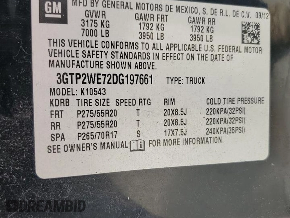 2013 GMC Sierra 1500 SLT with VIN 3GTP2WE72DG197661, listed as a Copart auction lot 60703615 with 132,503 mi miles and Salvage title. Bid and sale history available at DreamBid. Image 12.