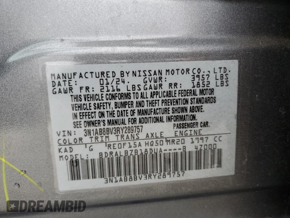 2024 Nissan Sentra S with VIN 3N1AB8BV3RY289757, listed as a Copart auction lot 60751805 with 37,060 mi miles and Salvage title. Bid and sale history available at DreamBid. Image 12.