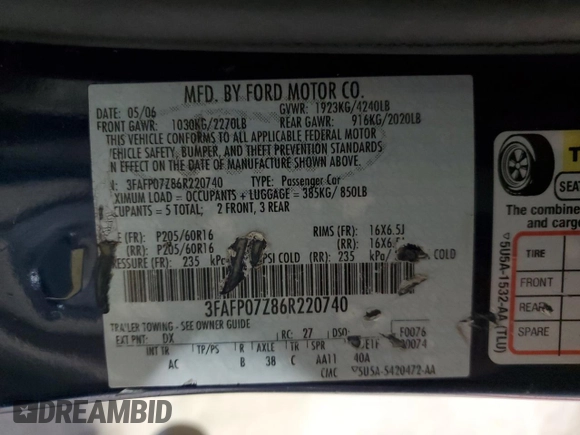 2006 Ford Fusion SE with VIN 3FAFP07Z86R220740, listed as a Copart auction lot 54476805 with 172,270 mi miles and Salvage Title. Bid and sale history available at carsss.com. Image 12.