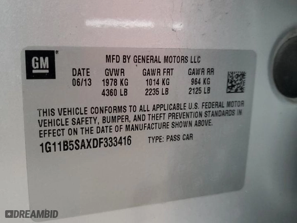 2013 Chevrolet Malibu LS with VIN 1G11B5SAXDF333416, listed as a Copart auction lot 52974695 with 128,328 mi miles and Salvage Title. Bid and sale history available at carsss.com. Image 14.