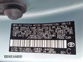 2013 Toyota Prius One with VIN JTDKN3DU2D1725401, listed as a IAAI auction lot 42066366 with 113,761 mi miles. Bid and sale history available at carsss.com. Image 9.