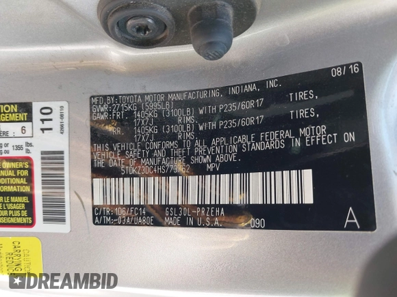 2017 Toyota Sienna LE Auto Access Seat with VIN 5TDKZ3DC4HS773762, listed as a IAAI auction lot 40350728 with 86,271 mi miles and . Bid and sale history available at DreamBid. Image 9.