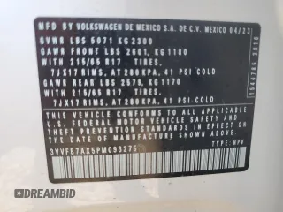 2023 Volkswagen Tiguan S с VIN 3VVFB7AX5PM093275, выставлен на аукционе Copart как лот 73763224 с пробегом 11 084 миль миль и Списание • Salvage title. История ставок и продаж доступна на DreamBid. Изображение 13.