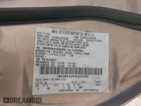 2004 Mercury Sable GS with VIN 1MEFM50U94G605905, listed as a IAAI auction lot 41369539 with 68,074 mi miles and . Bid and sale history available at DreamBid. Image 9.